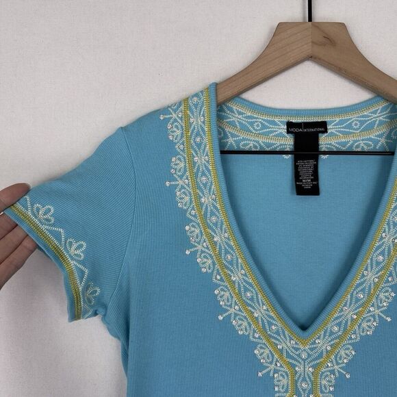 Moda‎ International Dress Womens Medium Blue Embroidered Y2K Beachy Boho Coastal - Picture 4 of 14
